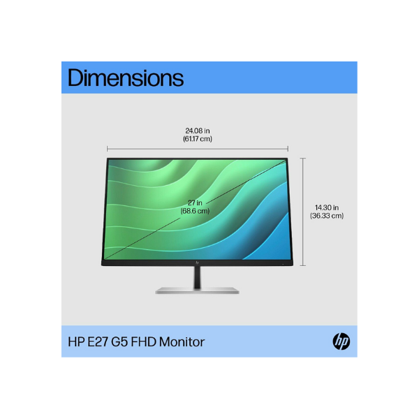 شاشة HP E27 G5 مقاس 27 بوصة، FHD (1920 × 1080)، مضادة للتوهج، منفذ HDMI، منفذ DP، إمالة/دوران/محور، قابلة للتعديل، ضمان 3 سنوات | 6N4E2AS