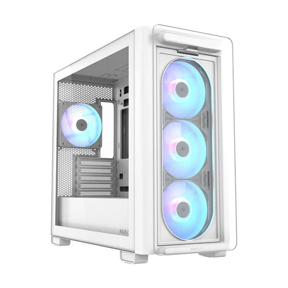 Asus A23 PLUS mATX PC Case, Tempered Glass Panel, 380mm GPU Support, 4 x 120 mm AR GB Fans, USB 3.2 Gen 2, Ample Cable Management, White, 1 Year Warranty | 90DC00K3-B19010