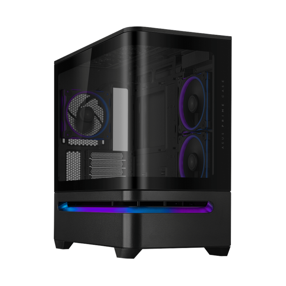 Asus Prime AP202 AR GB mATX PC Case, Curved Tempered Glass Panel, Innovative Slot Vent, Integrated AR GB light band, 1 x 120 mm AR GB Fan, 420mm GPU Support, USB 3.2 Gen 2, Black, 1 Year Warranty | 90DC00P0-B19000