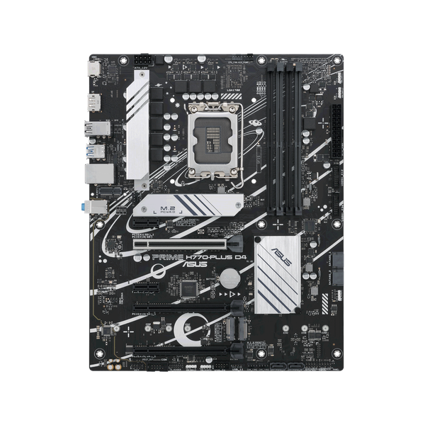 لوحة أم Asus PRIME H770-PLUS D4، مقبس LGA 1700، مقاس ATX، ذاكرة DDR4، PCIe 5.0 مع SafeSlot Core+، USB 10 GBps، HDMI، DisplayPort، إيثرنت Realtek 2.5 GB With Asus LANGuard، إضاءة Aura Sync، ضمان سنة واحدة | 90MB1CU0-M0NA00
