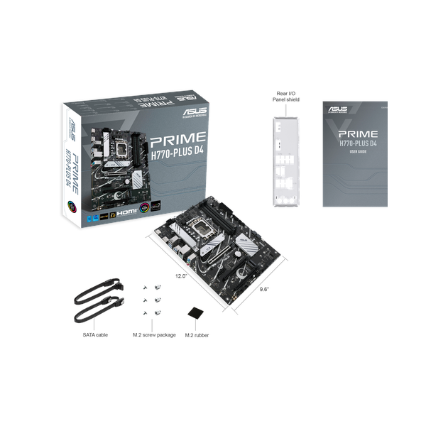 لوحة أم Asus PRIME H770-PLUS D4، مقبس LGA 1700، مقاس ATX، ذاكرة DDR4، PCIe 5.0 مع SafeSlot Core+، USB 10 GBps، HDMI، DisplayPort، إيثرنت Realtek 2.5 GB With Asus LANGuard، إضاءة Aura Sync، ضمان سنة واحدة | 90MB1CU0-M0NA00
