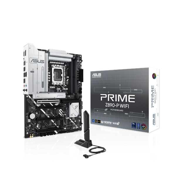 لوحة أم Asus PRIME Z890-P WiFi، مقبس LGA 1851، مقاس ATX، ذاكرة DDR5، PCIe 5.0 مع SafeSlot Core+، USB 20 GBps، Wi-Fi 7، بلوتوث v5.4، HDMI، DisplayPort، Thunderbolt 4، إيثرنت Realtek 2.5 GB With Asus LANGuard، إضاءة Aura Sync، ضمان سنة واحدة