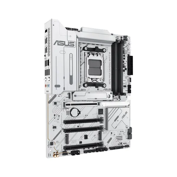 لوحة أم للألعاب Asus X870 MAX GAMING WiFi، مقبس AM5، عامل الشكل ATX، ذاكرة DDR5، منفذ PCIe 5.0 مع SafeSlot Core+، واي فاي 7، بلوتوث v5.4، HDMI، ثندربولت 4، إيثرنت Intel 2.5 جيجابت مع Asus LANGuard، Aura Sync، أبيض، ضمان لمدة عام | 90MB1LZ0-M0EAY0