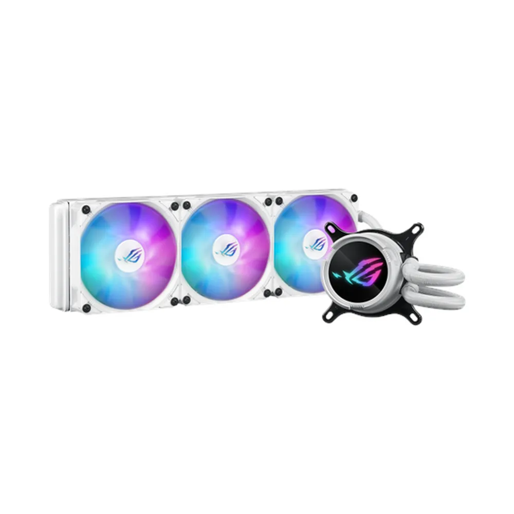 Asus ROG Strix LC III 360 ARGB AIO Liquid Cooler, 360° Rotatable Water Block LCD, Supports Intel, AMD Sockets, White, 1 Year Warranty | 90RC00W2-M0UAY0
