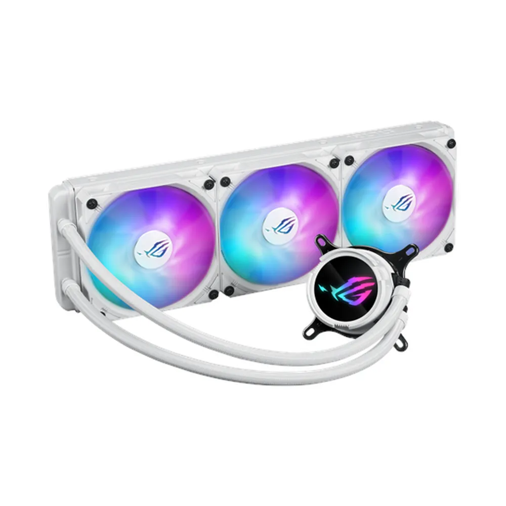 Asus ROG Strix LC III 360 ARGB AIO Liquid Cooler, 360° Rotatable Water Block LCD, Supports Intel, AMD Sockets, White, 1 Year Warranty | 90RC00W2-M0UAY0