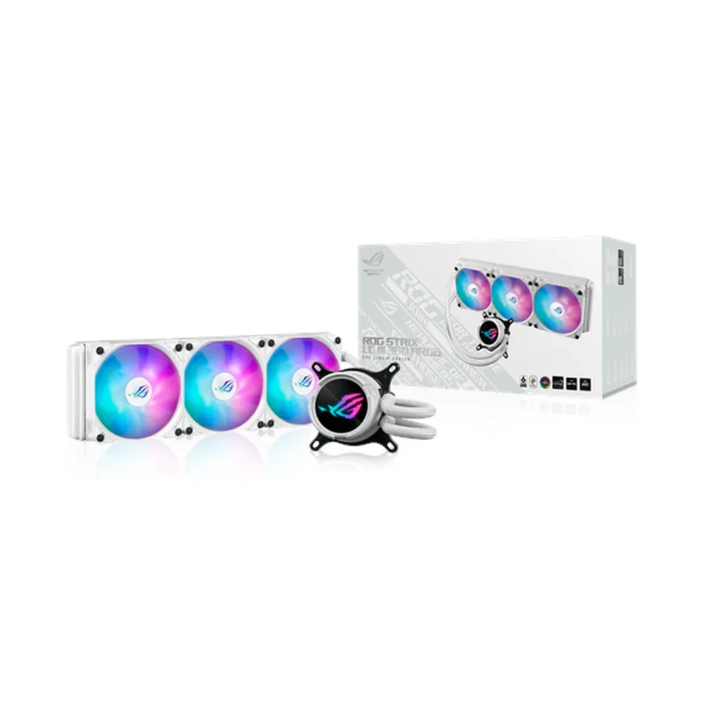 Asus ROG Strix LC III 360 ARGB AIO Liquid Cooler, 360° Rotatable Water Block LCD, Supports Intel, AMD Sockets, White, 1 Year Warranty | 90RC00W2-M0UAY0