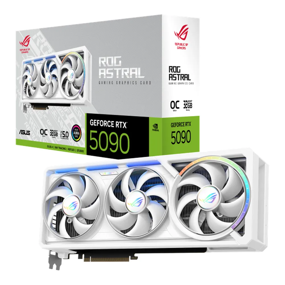 Asus ROG Astral GeForce RTX 5090 White OC Edition Graphics Card, GDDR7 32GB 512-bit Memory, HDMI 2.1b & DP 2.1b Outputs, PCI Express 5.0, 2580 MHz Core Clock, 28 Gbps Memory Clock, 1 Year Warranty | 90YV0LWA-M0NA00