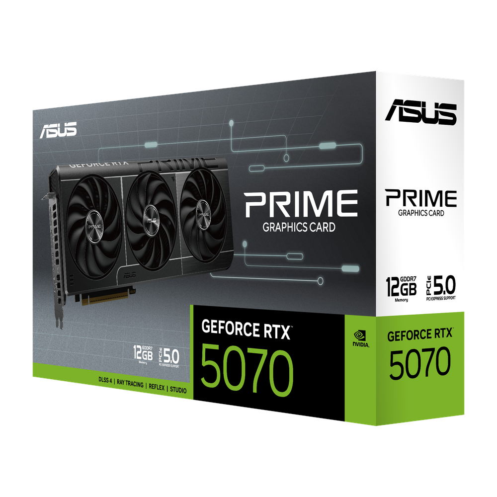 Asus PRIME GeForce RTX 5070 Graphics Card, GDDR7 12 GB 192-bit Memory, HDMI 2.1b & DP 2.1b Outputs, PCI Express 5.0, 2542 MHz Core Clock, 28 GBps Memory Clock, SFF Compatible, 1 Year Warranty | 90YV0M11-M0NA00