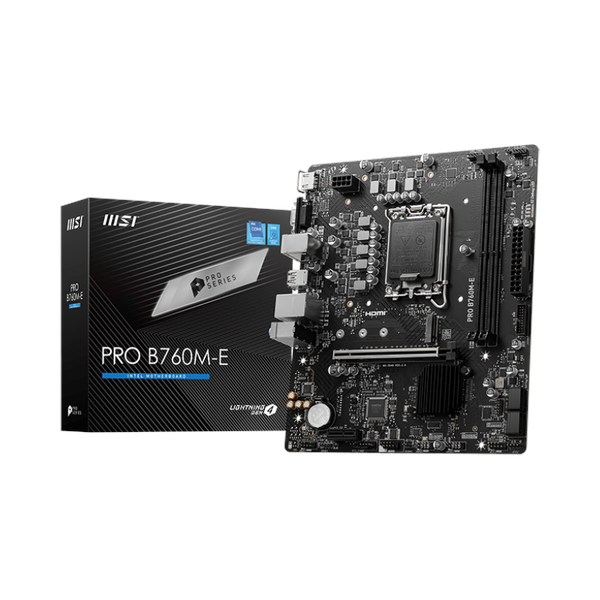 Msi PRO B760M-E Motherboard, LGA 1700 Socket, mATX Form Factor, DDR5 Ram, PCIe 4.0, USB 5 GBps, HDMI 1.4, VGA, Realtek RTL8111H Gigabit LAN, PCI-E Steel Armor, 1 Year Warranty | 911-7D48-065