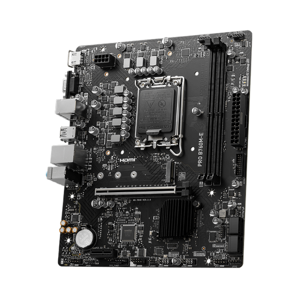 Msi PRO B760M-E Motherboard, LGA 1700 Socket, mATX Form Factor, DDR5 Ram, PCIe 4.0, USB 5 GBps, HDMI 1.4, VGA, Realtek RTL8111H Gigabit LAN, PCI-E Steel Armor, 1 Year Warranty | 911-7D48-065