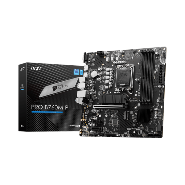 لوحة أم Msi PRO B760M-P، مقبس LGA 1700، عامل الشكل mATX، ذاكرة DDR5، منفذ PCIe 4.0، منفذ USB 10 جيجابت في الثانية، منفذ HDMI 1.4، منفذ VGA، شبكة Realtek RTL8111H جيجابت LAN، درع PCI-E فولاذي، ضمان لمدة سنة | 911-7E02-026