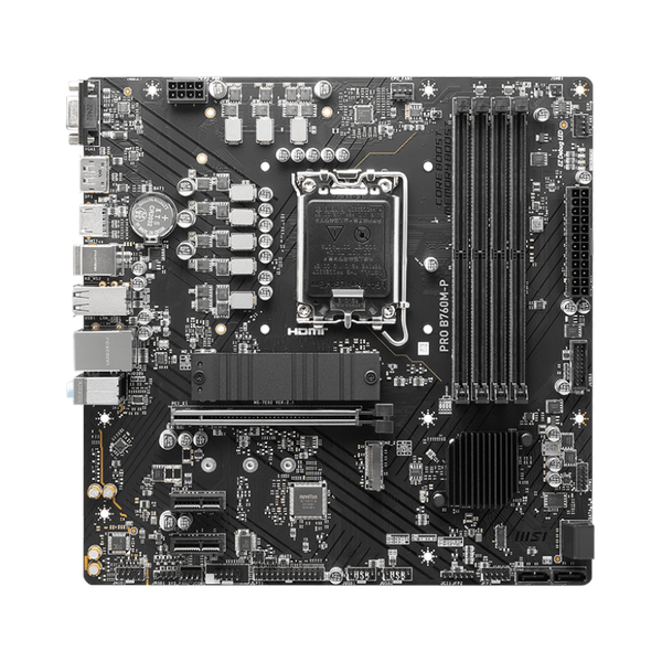 لوحة أم Msi PRO B760M-P، مقبس LGA 1700، عامل الشكل mATX، ذاكرة DDR5، منفذ PCIe 4.0، منفذ USB 10 جيجابت في الثانية، منفذ HDMI 1.4، منفذ VGA، شبكة Realtek RTL8111H جيجابت LAN، درع PCI-E فولاذي، ضمان لمدة سنة | 911-7E02-026