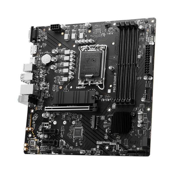 لوحة أم Msi PRO B760M-P، مقبس LGA 1700، عامل الشكل mATX، ذاكرة DDR5، منفذ PCIe 4.0، منفذ USB 10 جيجابت في الثانية، منفذ HDMI 1.4، منفذ VGA، شبكة Realtek RTL8111H جيجابت LAN، درع PCI-E فولاذي، ضمان لمدة سنة | 911-7E02-026