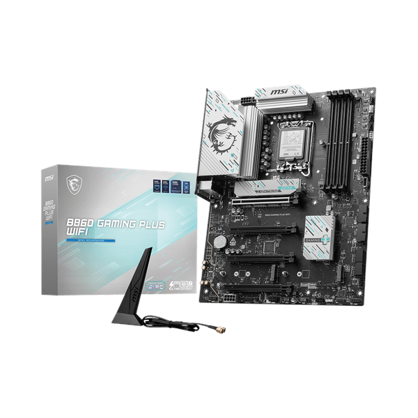 Msi B860 Gaming Plus WiFi Motherboard, LGA 1851 Socket, ATX Form Factor, DDR5 Ram, PCIe 5.0, Intel Killer BE1750x Wi-Fi 7 & Bluetooth 5.4, Thunderbolt4 Port, USB 10 GBps, Intel Killer E5000 5 GBps LAN, EZ M.2 Shield Frozr II, 1 Year Warranty |