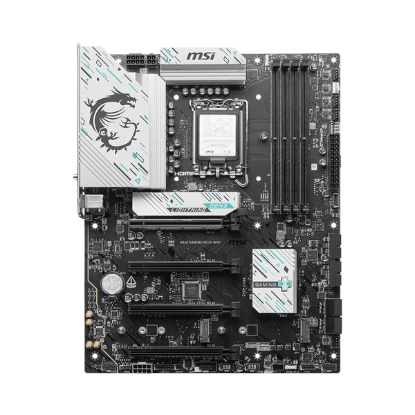 Msi B860 Gaming Plus WiFi Motherboard, LGA 1851 Socket, ATX Form Factor, DDR5 Ram, PCIe 5.0, Intel Killer BE1750x Wi-Fi 7 & Bluetooth 5.4, Thunderbolt4 Port, USB 10 GBps, Intel Killer E5000 5 GBps LAN, EZ M.2 Shield Frozr II, 1 Year Warranty |