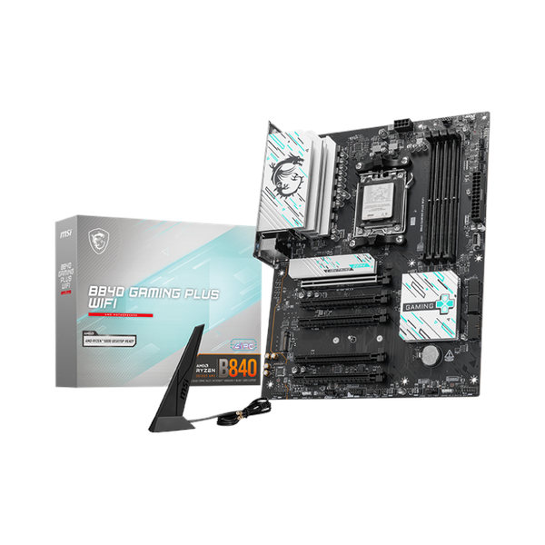 لوحة أم للألعاب Msi B840 Gaming Plus WiFi، مقبس AM5، عامل الشكل ATX، ذاكرة وصول عشوائي DDR5، منفذ PCIe 4.0، واي فاي 7، بلوتوث 5.4، منفذ USB بسرعة 10 جيجابت في الثانية، شبكة LAN بسرعة 2.5 جيجابت، ضمان سنة واحدة | 911-7E57-002