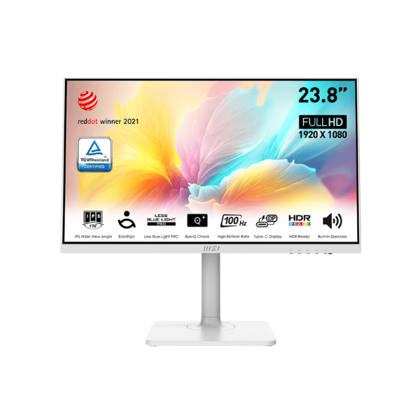 شاشة MSI 9S6-3PA59H-094 Modern MD2412PW بحجم 24 بوصة ودقة FHD (1920 × 1080)، زمن استجابة 1 مللي ثانية، 100 هرتز، HDMI، USB-C، قابلية تعديل الارتفاع/الإمالة/الدوران/المحور، بيضاء، ضمان سنة واحدة | 9S6-3PA59H-094