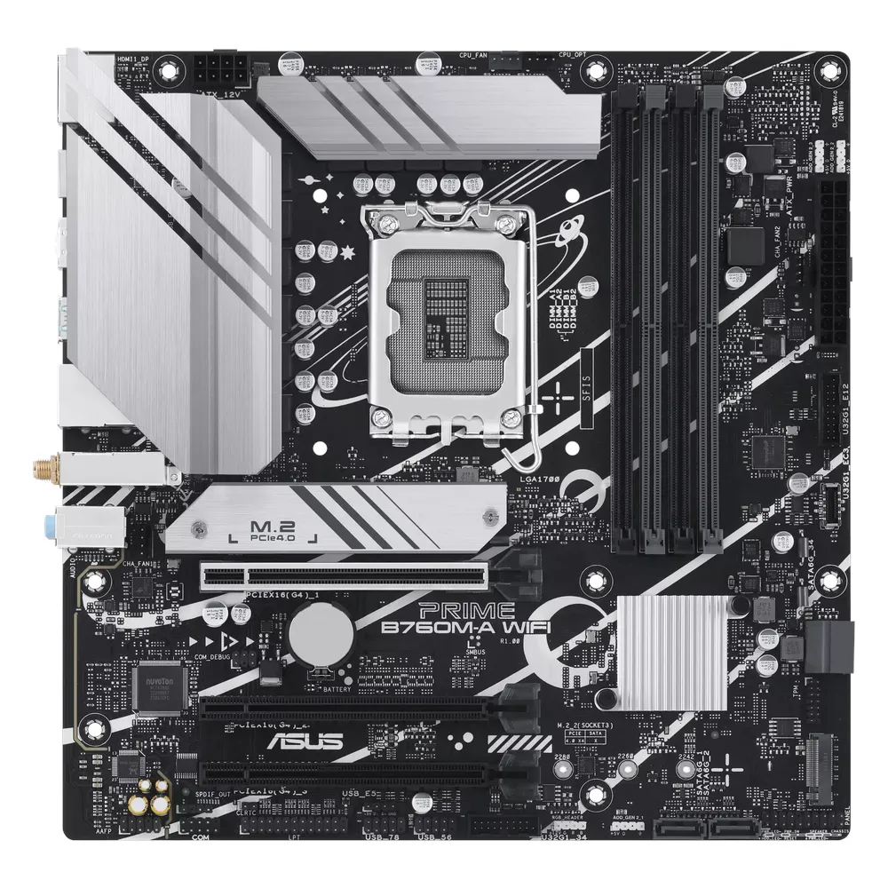 لوحة أم للألعاب Asus PRIME B760M-A Gaming WiFi، مقبس LGA1700، عامل الشكل mATX، ذاكرة وصول عشوائي DDR5، وواجهة PCIe 4.0، وHDMI، وDP، ومنفذ إيثرنت Realtek 2.5 جيجابت، ومزامنة Aura Sync، ضمان لمدة عام واحد | 90MB1EL0-M1EAY0