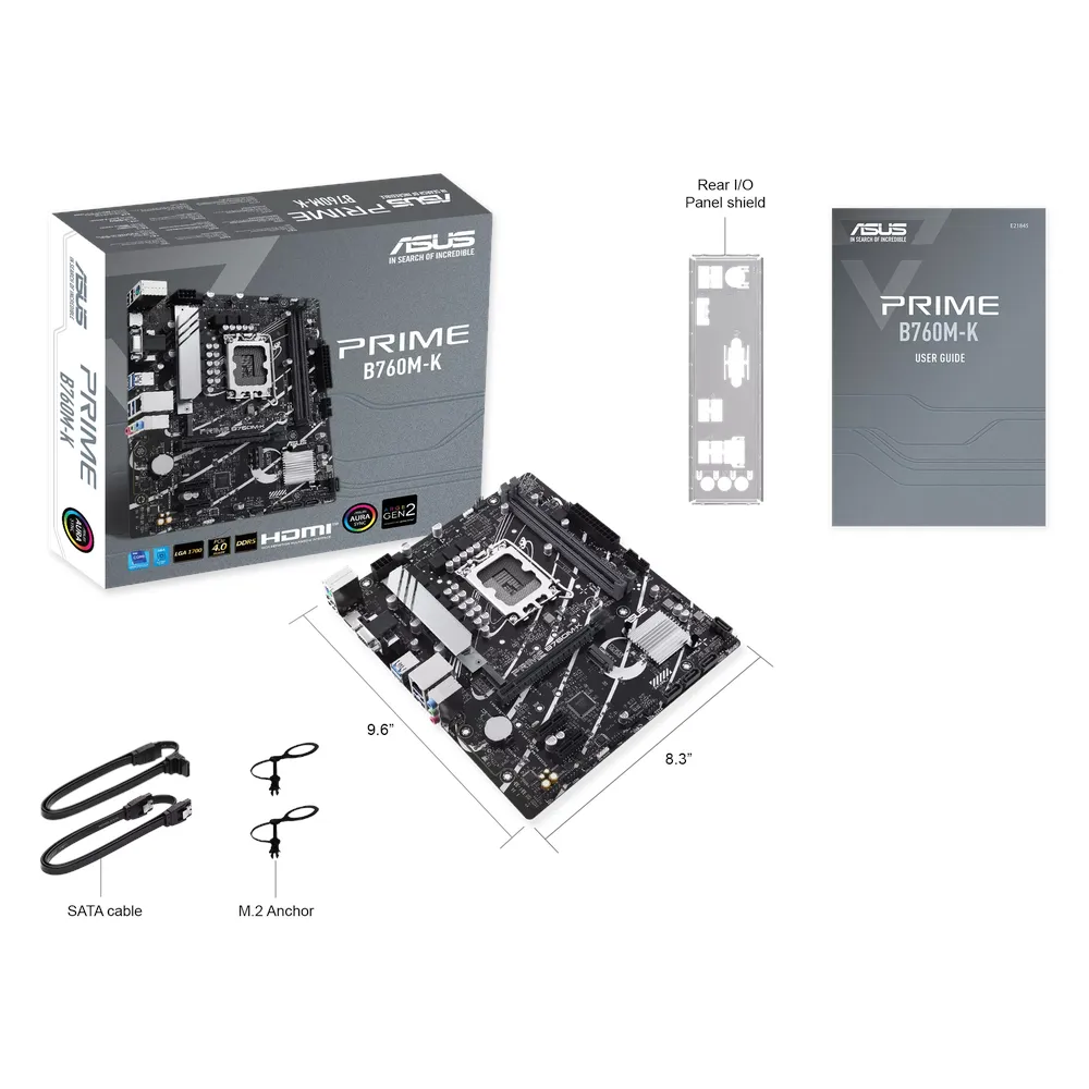 لوحة أم للألعاب Asus PRIME B760M-K، مقبس LGA1700، عامل الشكل mATX، ذاكرة وصول عشوائي DDR5، منفذ PCIe 4.0، USB 5Gbps، منفذ HDMI، منفذ VGA، إيثرنت Realtek 2.5Gb، مزامنة Aura Sync، ضمان لمدة سنة واحدة | 90MB1FI0-M0EAY0