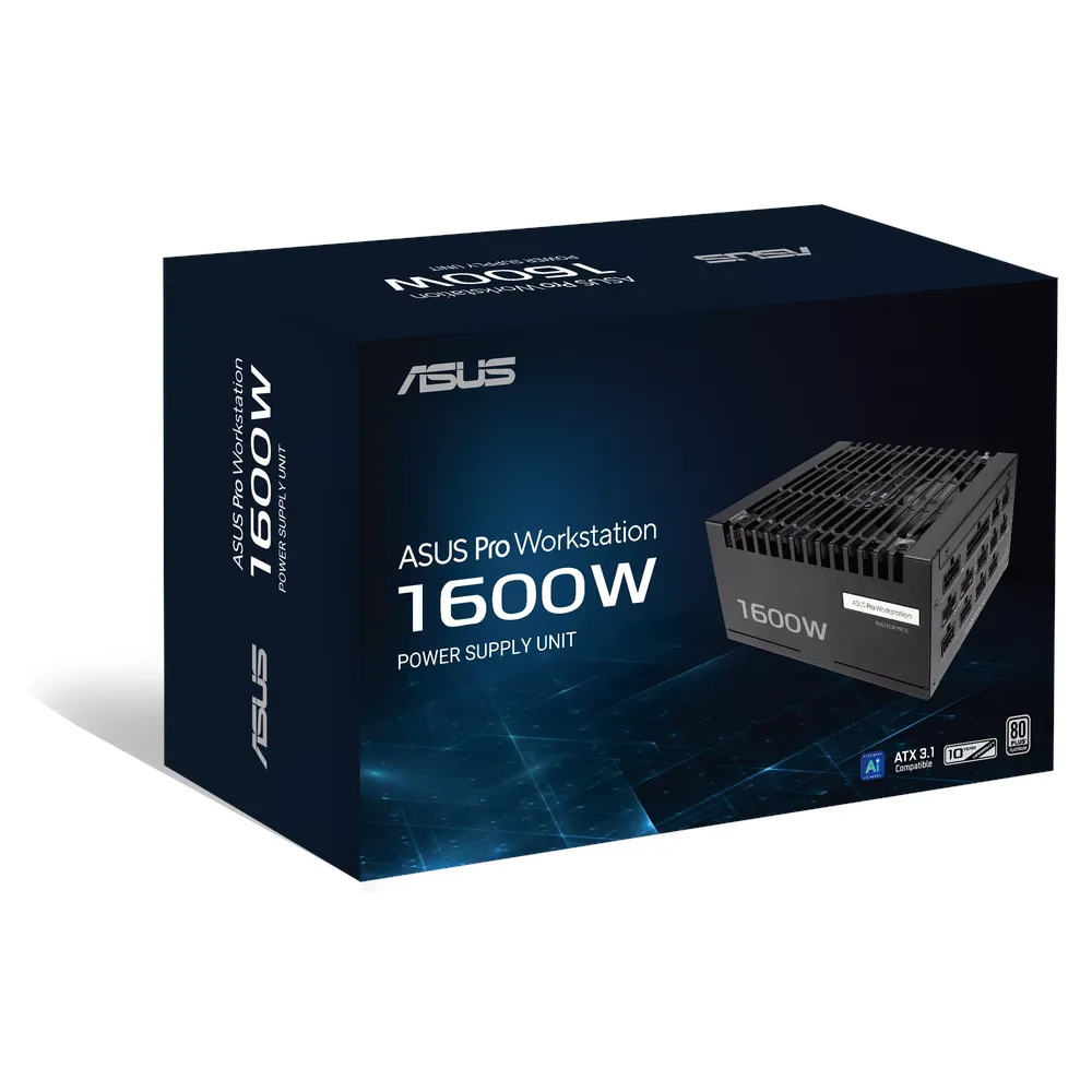Asus Pro WS Platinum Gaming Power Supply, 1600W, Fully Modular, ATX Form Factor, Dual-Ball Fan Bearings Fan Design, Extruded Aluminum Heatsinks, Etched Cables, 1 Year Warranty | 90YE00Z2-B0NA00