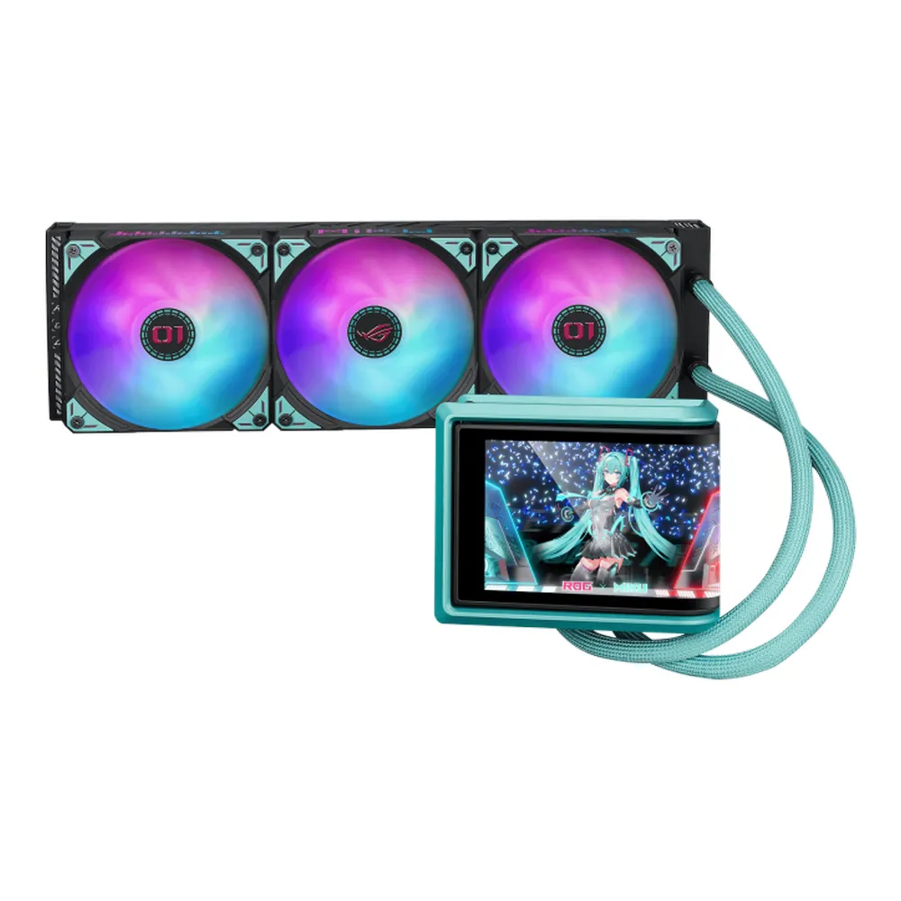 مبرد مائي Asus ROG RYUO IV 360 ARGB Hatsune Miku Edition، شاشة 6.67 بوصة AMOLED، يدعم مقابس Intel & AMD، Black/Hatsune Miku's Signature، ضمان سنة واحدة | 90RC01P1-B0EAY0