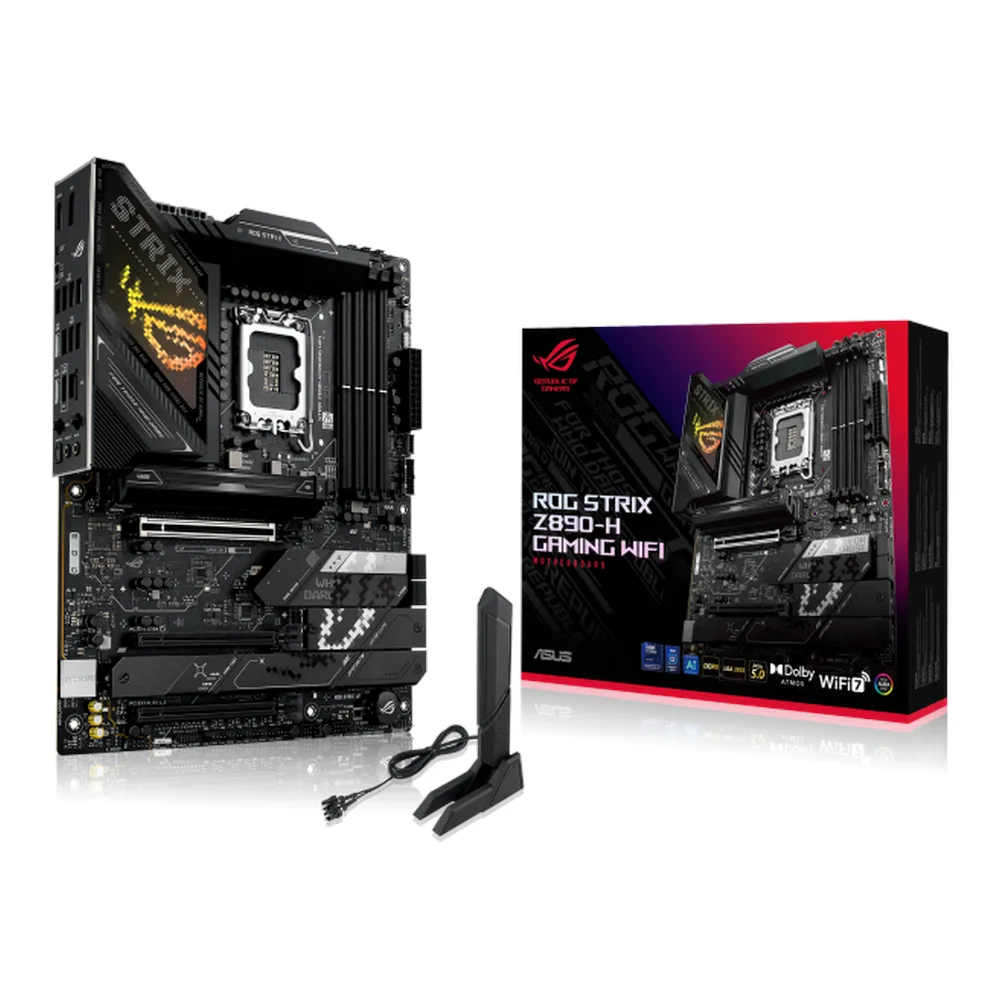 لوحة أم للألعاب Asus ROG STRIX Z890-H WIFI، مقبس LGA1851، عامل الشكل ATX، ذاكرة وصول عشوائي DDR5، PCIe 5.0، USB 20Gbps، HDMI، VGA، Wi-Fi 7، بلوتوث، إيثرنت Realtek 5Gb، شبكة AI Networking II، Aura Sync، ضمان سنة واحدة | 90MB1K20-M0EAY0
