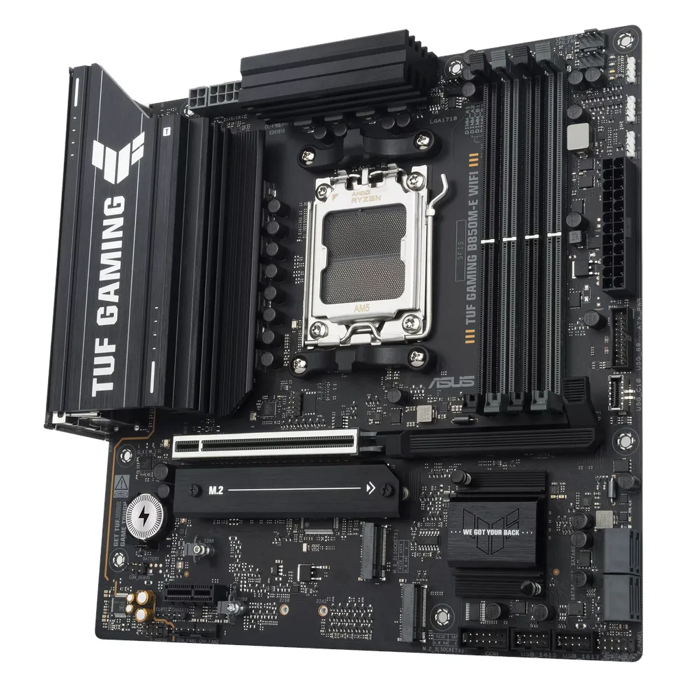 Asus TUF Gaming B850M-E WiFi Motherboard, AM5 Socket, mATX Form Factor, DDR5 Ram, PCIe 5.0 With SafeSlot Core+, Wi-Fi 6E, Bluetooth v5.4, HDMI, DisplayPort, Realtek 2.5Gb Ethernet With Asus LANGuard, Aura Sync, 1 Year Warranty | 90MB1LS0-M0EAY0