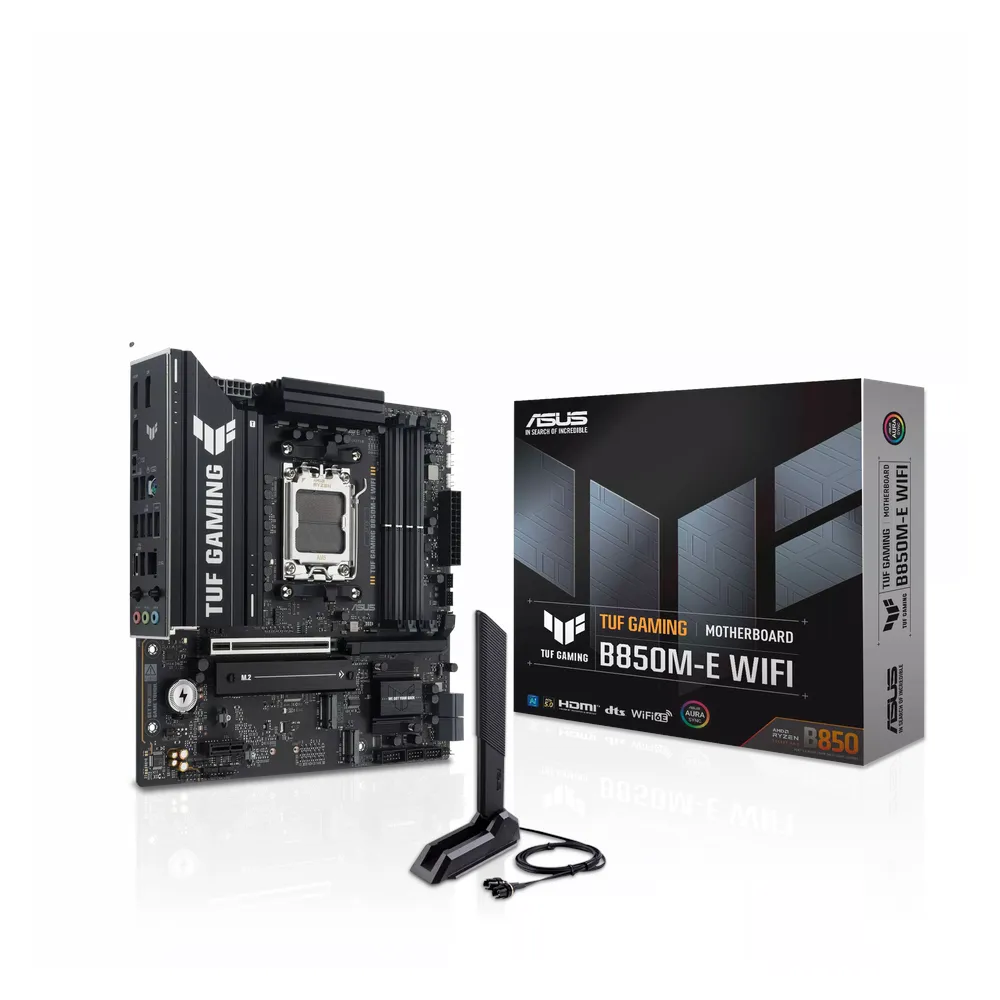 Asus TUF Gaming B850M-E WiFi Motherboard, AM5 Socket, mATX Form Factor, DDR5 Ram, PCIe 5.0 With SafeSlot Core+, Wi-Fi 6E, Bluetooth v5.4, HDMI, DisplayPort, Realtek 2.5Gb Ethernet With Asus LANGuard, Aura Sync, 1 Year Warranty | 90MB1LS0-M0EAY0