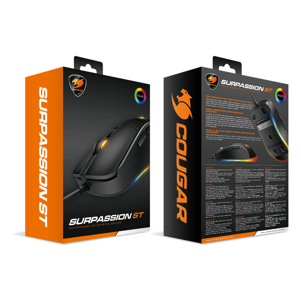 ماوس ألعاب سلكي بصري RGB من Cougar Surpassion ST، مستشعر ألعاب بصري PixArt PMW3325 بدقة 3200 نقطة لكل بوصة، معدل اقتراع 1000 هرتز، مفتاح ألعاب ميكانيكي، 6 أزرار، تصميم مريح لليد اليمنى، أسود، ضمان لمدة سنة واحدة | CGR-SURPASSION-ST