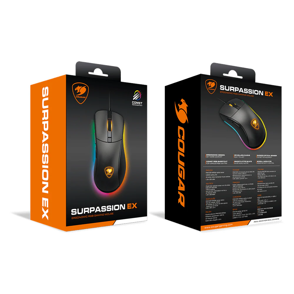 Cougar Surpassion Optical Wired R GB Gaming Mouse, 6400 DPI PAW3309 Optical Gaming sensor, 1000 Hz Polling Rate, 20M Gaming Switch, 6 Programmable Buttons, Ergonomic, Right-Handed Design, Black, 1 Year Warranty | CGR-WOMB-SUR