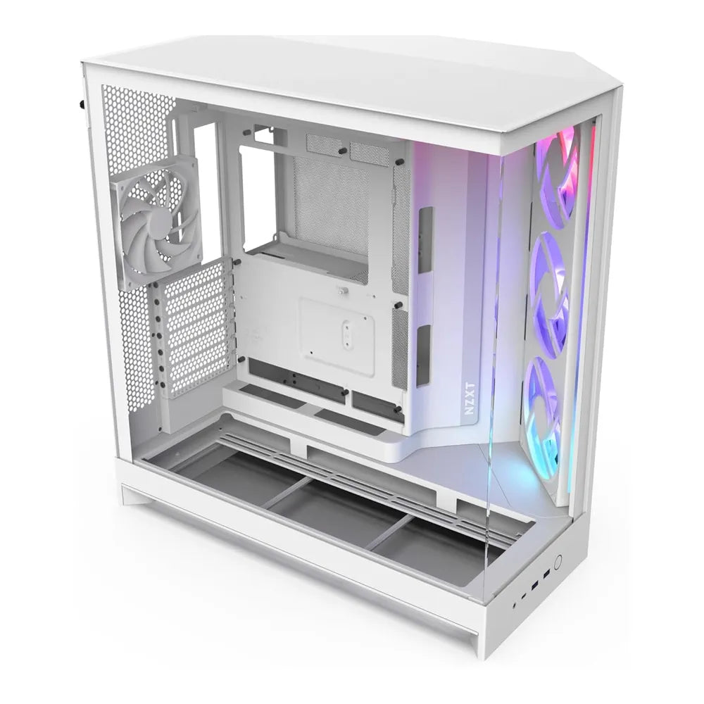 NZXT H9 Flow R GB هيكل كمبيوتر تاور متوسط ثنائي الحجرات كبير، تدفق هواء ATX، نافذة جانبية من الزجاج المقسّى فائقة الوضوح، مروحة F120Q (CV) واحدة، مروحة F420 R GB Core واحدة، دعم كامل لبطاقة الرسوميات، USB 3.2 Gen2x2، أبيض، ضمان لمدة سنة | CM-H92FW-R1