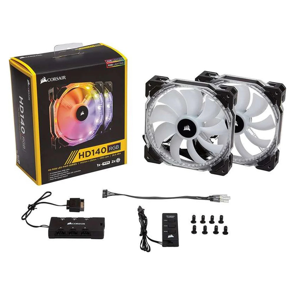 Corsair HD140 RGB LED High Performance 140mm PWM Case Fan, Twin Pack with Controller, Hydraulic Bearing, 600-1350 RPM, Black | CO-9050069-WW