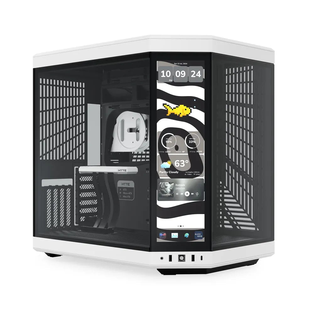 كيس كمبيوتر Hyte Y70 Touch Infinite Dual Chamber Mid-Tower ATX، 3-Piece Panoramic Glass، شاشة 14.9 بوصة Integrated IPS Touchscreen، يستوعب كرت شاشة حتى 422mm، USB 3.2 Gen 2، Panda (Black & White)، ضمان سنة واحدة | CS-HYTE-Y70TI-WB