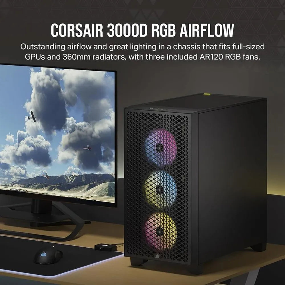 Corsair 3000D RGB Airflow Mid Tower PC Casing, Tempered Glass Side Panel, 360mm GPU Support, USB 3.2 Gen 1, Black, 1 Year Warranty | CC-9011255-WW