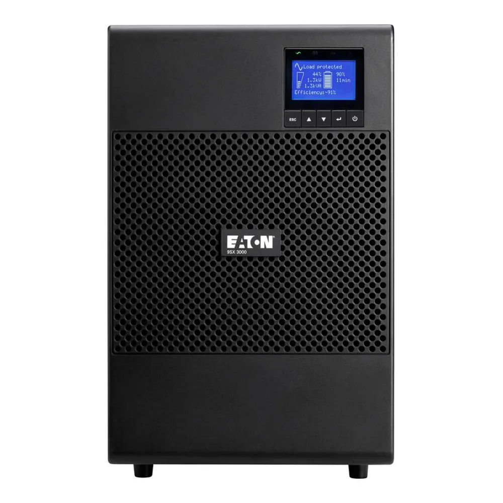 إيتون 9SX UPS، قدرة 3000 فولت أمبير، 2700 واط، عامل شكل برج، شكل موجة جيبية، تحويل مزدوج عبر الإنترنت، توصيل إدخال C20، شاشة LCD رسومية متعددة اللغات، بطارية حمض الرصاص محكمة الغلق، ضمان سنة واحدة | 9SX3000I
