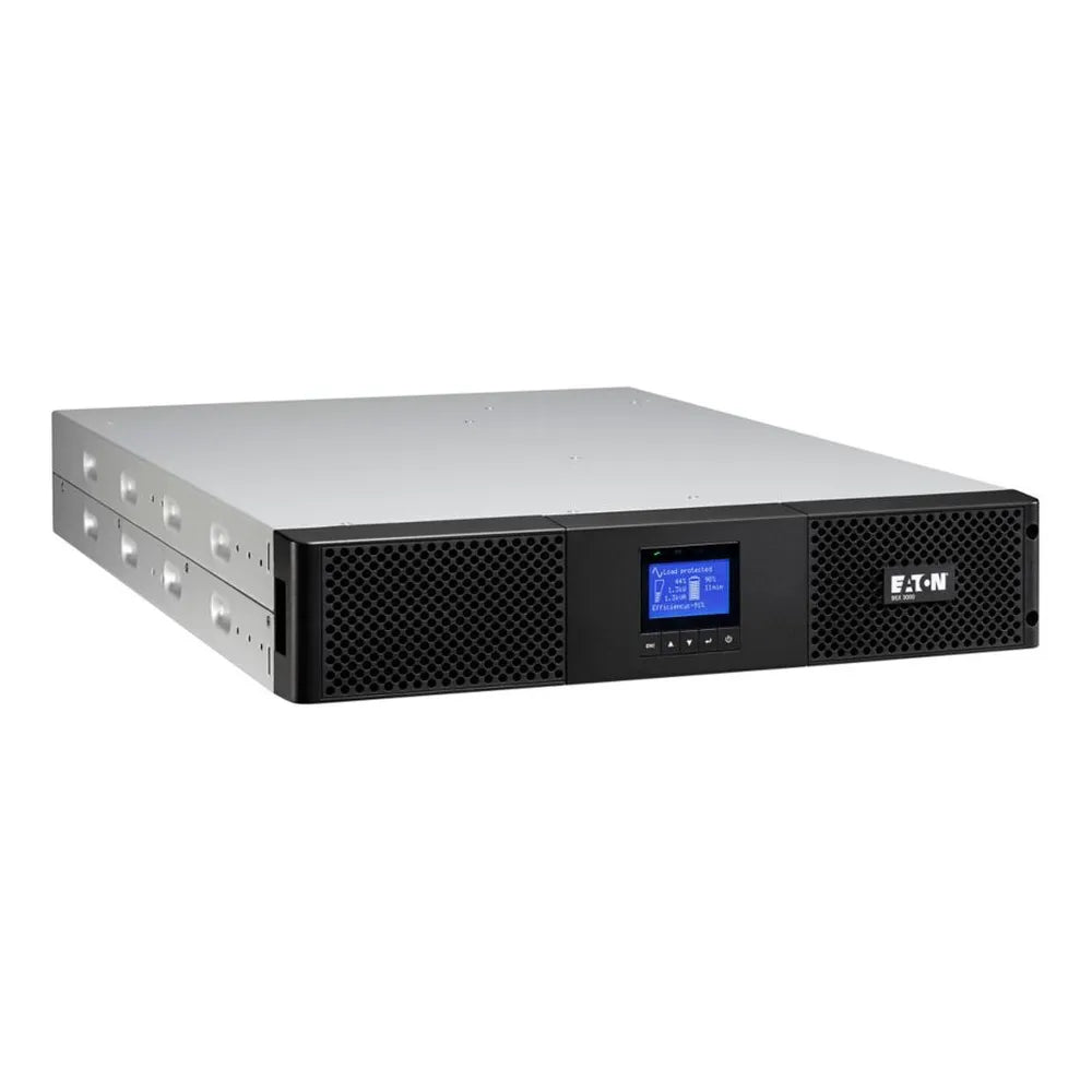 Eaton 9SX UPS، سعة 3000 فولت أمبير، 2700 وات، للتركيب في الخزانة، عامل شكل 2U، شكل موجة خرج جيبية، تحويل مزدوج عبر الإنترنت، توصيل إدخال C20، شاشة LCD رسومية متعددة اللغات، بطارية حمض الرصاص محكمة الغلق، ضمان لمدة سنة | 9SX3000IR