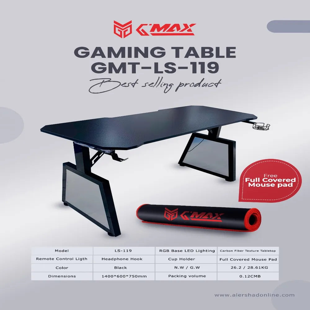 طاولة ألعاب G-MAX GMT-LS119B سوداء - 1400*600 مم مع إضاءة LED سفلية