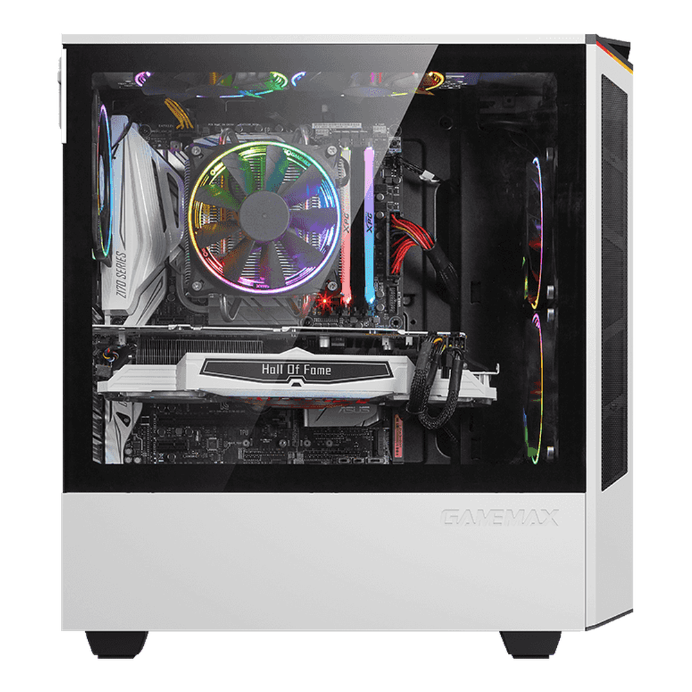 صندوق كمبيوتر Gamemax Paladin T801 AR GB ATX، لوحة جانبية من الزجاج المقوى، مروحة AR GB Rainbow مقاس 12 سم، يدعم بطاقات الرسوميات حتى 360 مم، USB 3.1 Gen 1، أبيض، ضمان سنة واحدة | GM-T801-PAL-WH