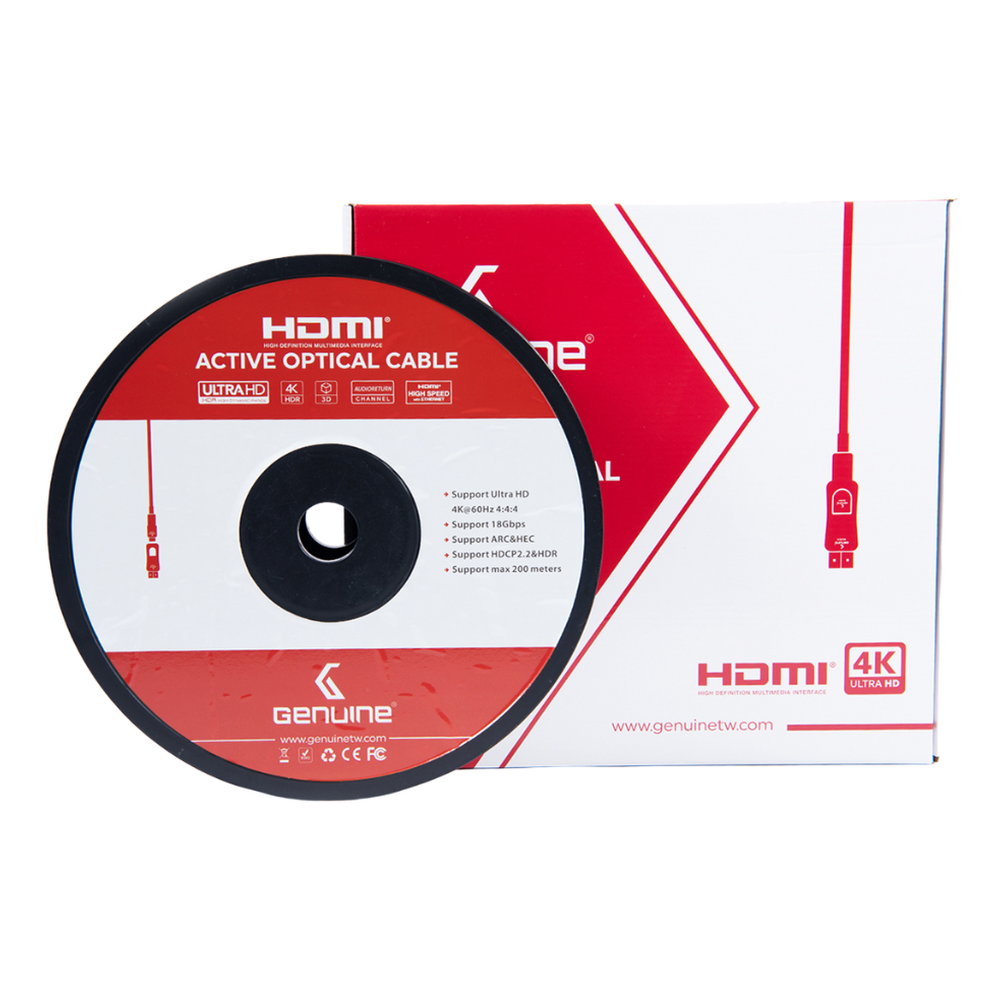 كابل ألياف ضوئية أصلي HDMI إلى HDMI، طول 200 متر، 4K @ 60Hz (2.0V)، غطاء من سبائك الزنك، قطر خارجي 5.0 ملم، غلاف PVC، ضمان سنة واحدة | GNHDFO200M2V