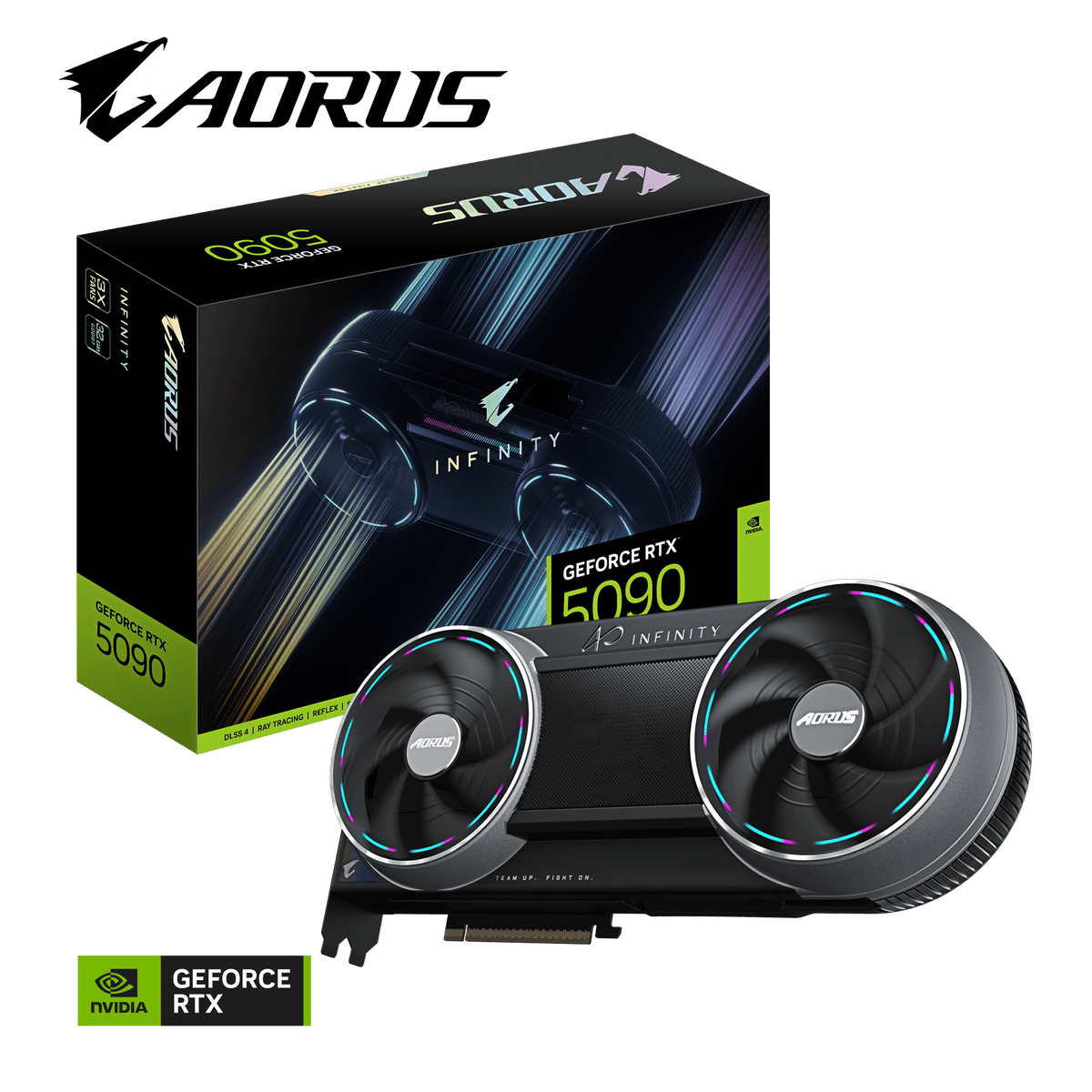 بطاقة رسومات جيجابايت أورس جي فورس RTX 5090 إنفينيتي، ذاكرة GDDR7 سعة 32 جيجابايت 512 بت، مخارج HDMI 2.1b وDP 2.1b، PCI Express 5.0، نظام تبريد Windforce HyperBoost، 3352 AI TOPS، إضاءة RGB Halo، لون أسود، ضمان سنة واحدة | GV-N5090AORUS-IF-32GD