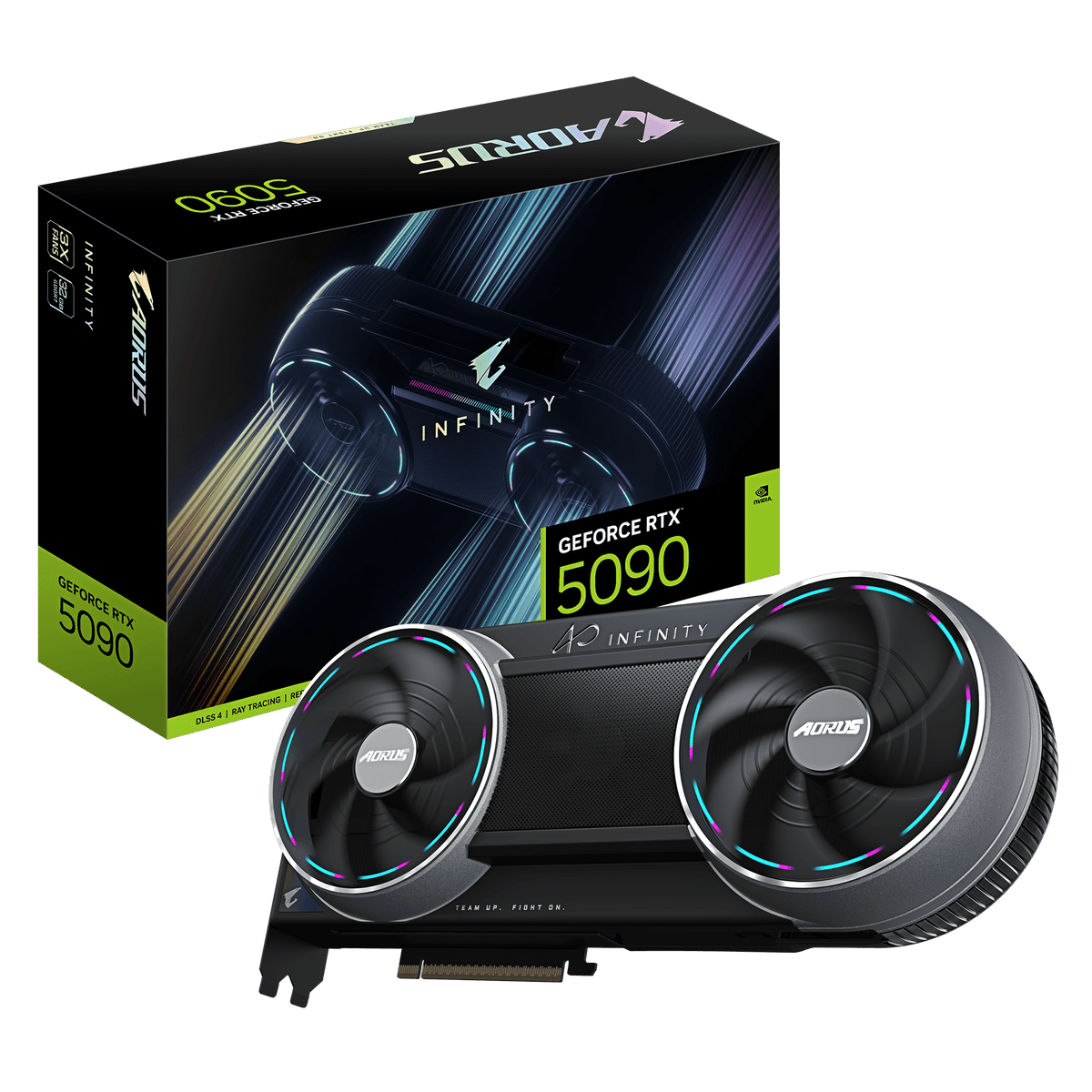 بطاقة رسومات جيجابايت أورس جي فورس RTX 5090 إنفينيتي، ذاكرة GDDR7 سعة 32 جيجابايت 512 بت، مخارج HDMI 2.1b وDP 2.1b، PCI Express 5.0، نظام تبريد Windforce HyperBoost، 3352 AI TOPS، إضاءة RGB Halo، لون أسود، ضمان سنة واحدة | GV-N5090AORUS-IF-32GD