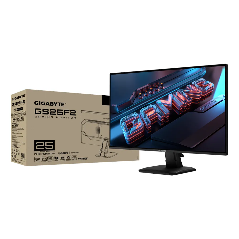 شاشة الألعاب Gigabyte GS25F2، دقة FHD (1920 x 1080) 24 بوصة، 200 هرتز، مضادة للتوهج، زمن استجابة 1 مللي ثانية (GTG)، HDMI، DP، حامل قابل للتعديل بالكامل، أسود، ضمان سنة واحدة | GS25F2