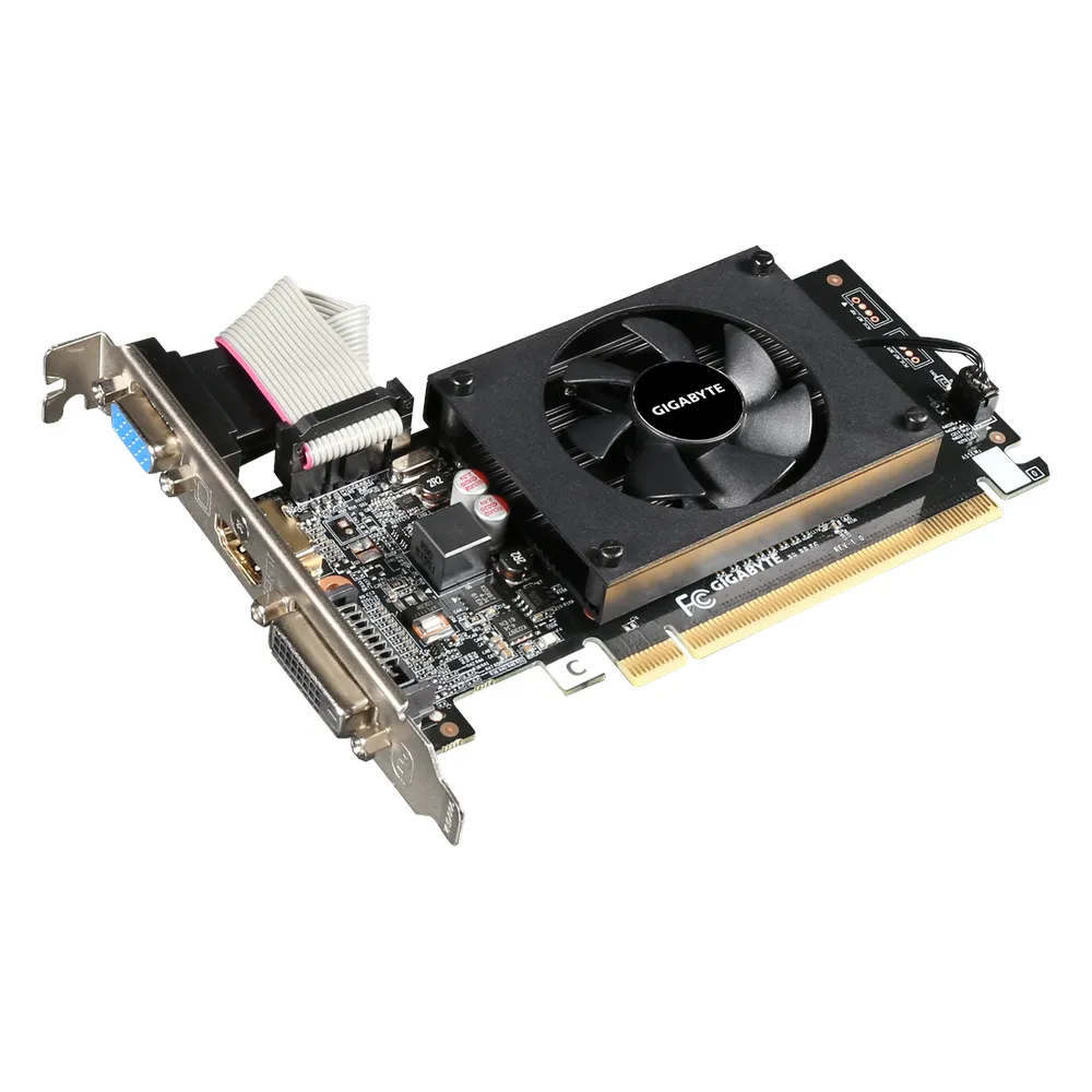 بطاقة رسومات جيجابايت جي فورس GT 710، ذاكرة DDR3 سعة 2 جيجابايت 64 بت، مخرجات HDMI 2.1b، DVI، D-Sub، واجهة PCI Express 2.0، سرعة تعزيز تصل إلى 954 ميجاهرتز، سرعة الذاكرة 1600 ميجاهرتز، ضمان لمدة سنة واحدة | GV-N710D3-2GL