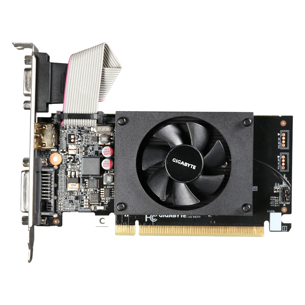 بطاقة رسومات جيجابايت جي فورس GT 710، ذاكرة DDR3 سعة 2 جيجابايت 64 بت، مخرجات HDMI 2.1b، DVI، D-Sub، واجهة PCI Express 2.0، سرعة تعزيز تصل إلى 954 ميجاهرتز، سرعة الذاكرة 1600 ميجاهرتز، ضمان لمدة سنة واحدة | GV-N710D3-2GL