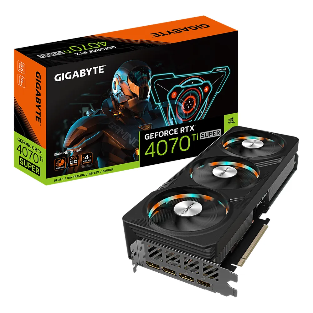 Gigabyte GAMING OC GeForce RTX 4070 Ti Super Graphics Card, GDDR6X 16GB 256-bit Memory, HDMI 2.1a & DP 1.4a Outputs, PCI Express 4.0, 2655 MHz Core Clock, 21 Gbps Memory Clock, RGB Fusion, Dual BIOS, Triple Fan Windforce Cooling System, 1 Year Warranty