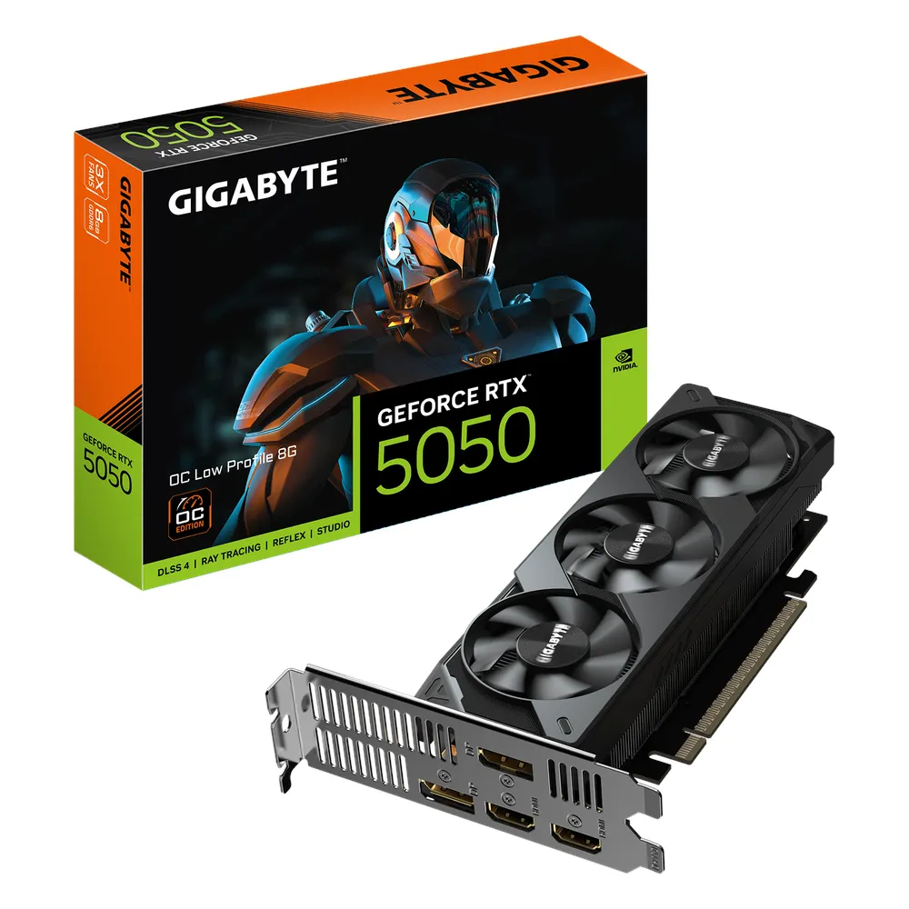 بطاقة رسوميات جيجابايت OC جي فورس RTX 5050 ذات التصميم المنخفض، ذاكرة GDDR6 بسعة 8 جيجابايت وواجهة 128 بت، منافذ HDMI 2.1b و DP 2.1b، واجهة PCI Express 5.0، سرعة معالج 2587 ميجاهرتز، سرعة ذاكرة 20 جيجابت في الثانية، ضمان لمدة سنة | GV-N5050-OC-8GL
