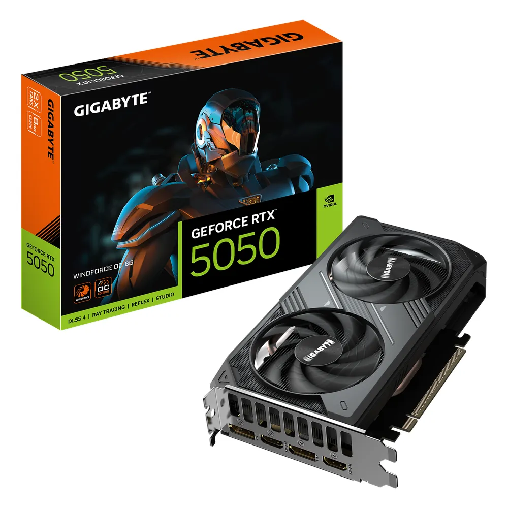 Gigabyte WINDFORCE OC GeForce RTX 5050 Graphics Card, GDDR6 8GB 128-bit Memory, HDMI 2.1b & DP 2.1b Outputs, PCI Express 5.0, 2587 MHz Core Clock, 20 Gbps Memory Clock, Dual Windforce Hawk Fans, 1 Year Warranty | GV-N5050WF2-OC-8GD