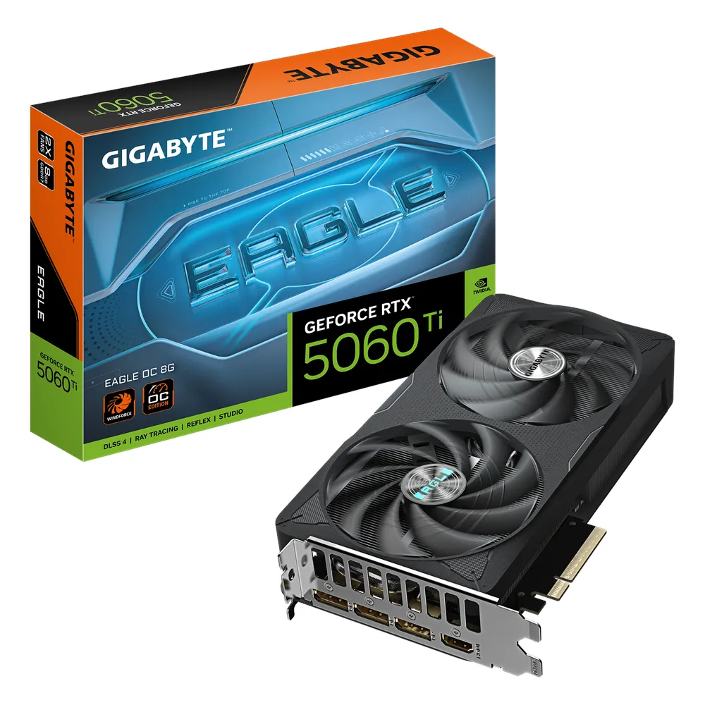 بطاقة رسومات جيجابايت إيغل OC جي فورس RTX 5060 Ti، ذاكرة GDDR7 8 جيجابايت 128 بت، مخرجات HDMI 2.1b و DP 2.1b، PCI Express 5.0، سرعة معالج 2617 ميجاهرتز، سرعة ذاكرة 28 جيجابت في الثانية، مروحتان Windforce Hawk، ضمان سنة واحدة | GV-N506TEAGLE-OC-8GD