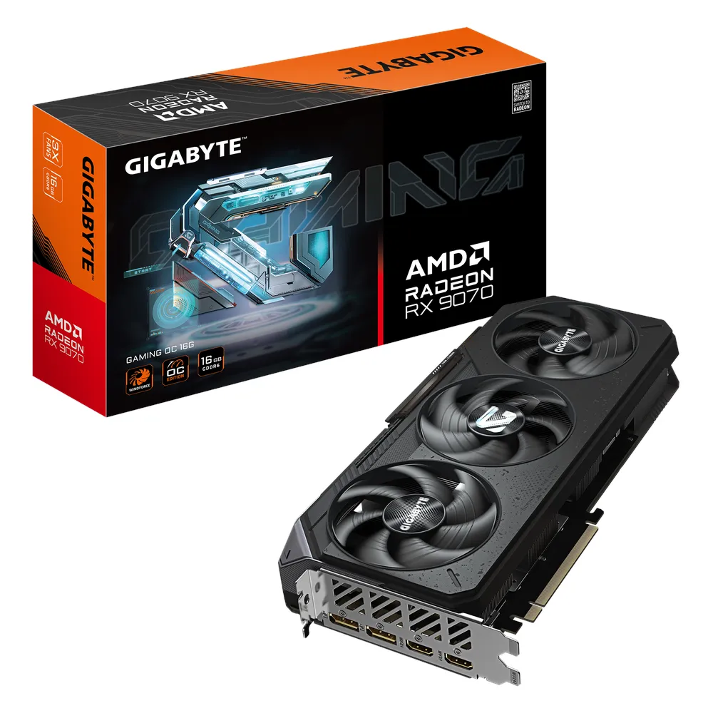 كرت شاشة Gigabyte GAMING OC AMD Radeon RX 9070، ذاكرة GDDR6 16GB 256-bit، مخارج HDMI 2.1b & DP 2.1a، PCI Express 5.0، 2700 MHz Boost Clock، تردد ذاكرة 20 Gbps، نظام تبريد Triple Fan Windforce، ضمان سنة واحدة | GV-R9070GAMING-OC-16G
