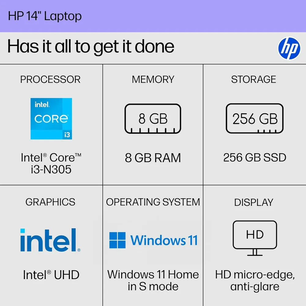 لابتوب HP 14-EP0299NR للاستخدام الشخصي، معالج Intel Core i3-N305، ذاكرة RAM سعة 8 جيجابايت، قرص تخزين SSD سعة 256 جيجابايت، شاشة HD مقاس 14 بوصة، نظام تشغيل Windows 11 Home، لوحة مفاتيح باللغتين العربية والإنجليزية، ضمان لمدة عام واحد | BL9T2UA